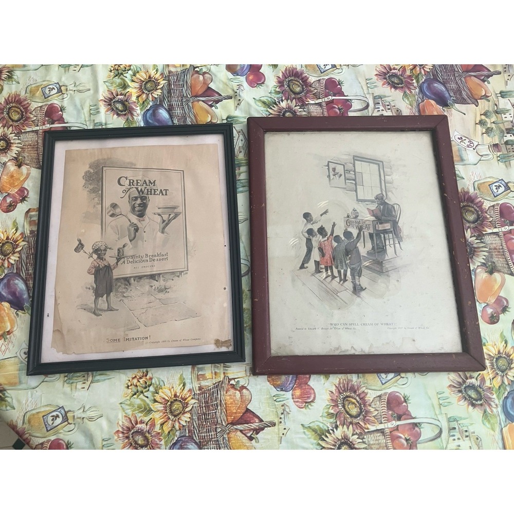 VTG Cream of Wheat Ad Lot Of (2) 1920s OLD MAN Antique Advertising Framed Brewer
